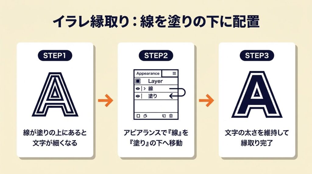 イラレ縁取りは線を塗りの下で潰れゼロ