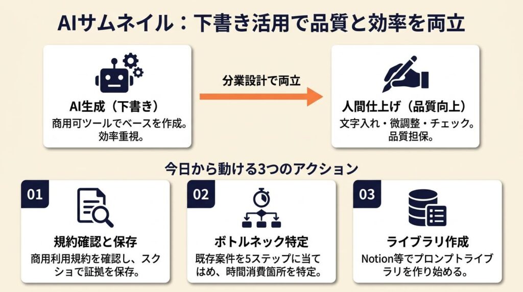 AIサムネイルは「下書き活用」で品質と効率を両立する:今日から動ける3つのアクション