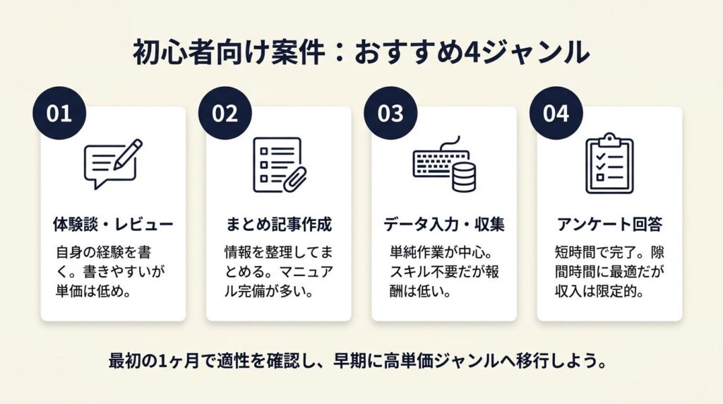 初心者向け案件は4ジャンルで選ぶ