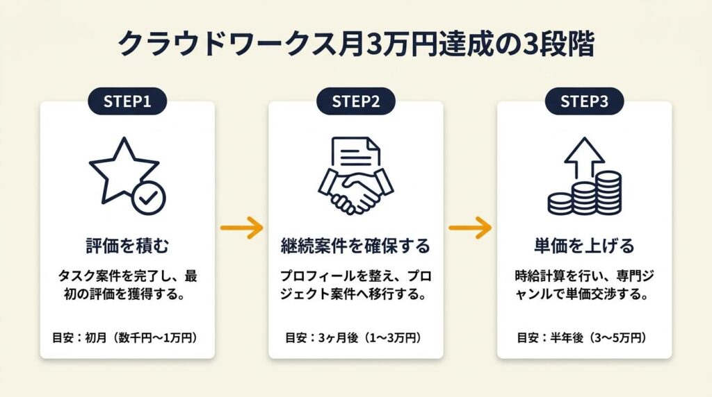 クラウドワークスは3段階で月3万円を達成する
