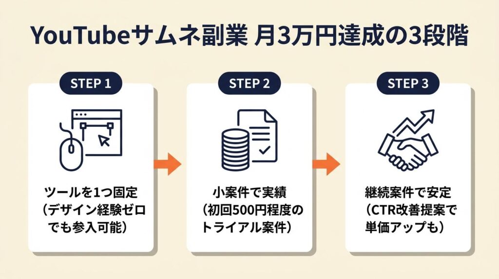 YouTubeサムネ副業は3段階で月3万円を達成する