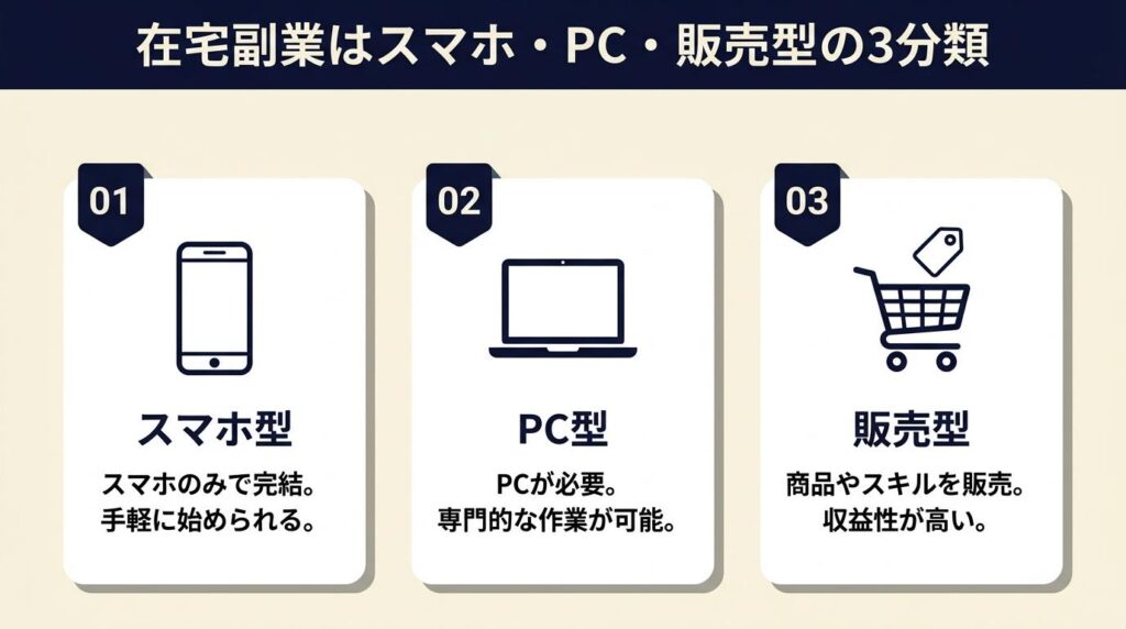 在宅副業はスマホ・PC・販売型の3分類