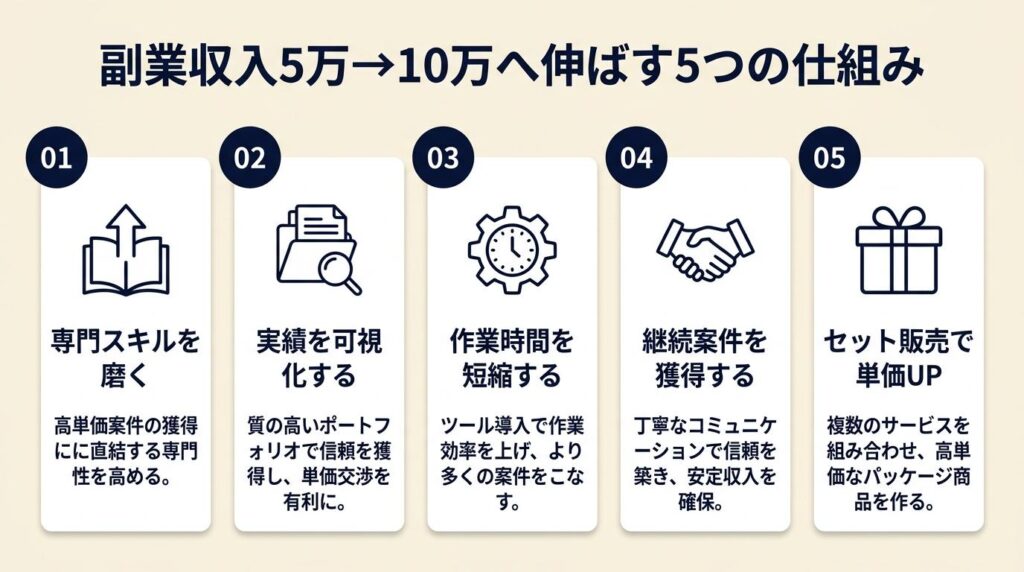 副業収入を5万円から10万円に伸ばす5つの仕組み