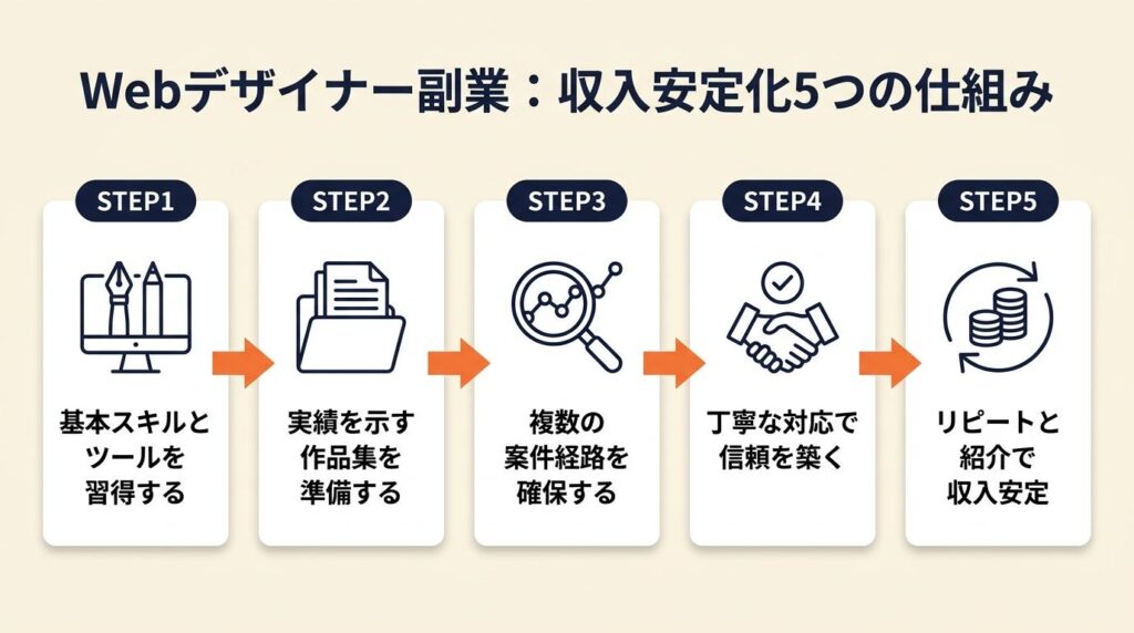 Webデザイナー副業は5つの仕組みで収入を安定化する