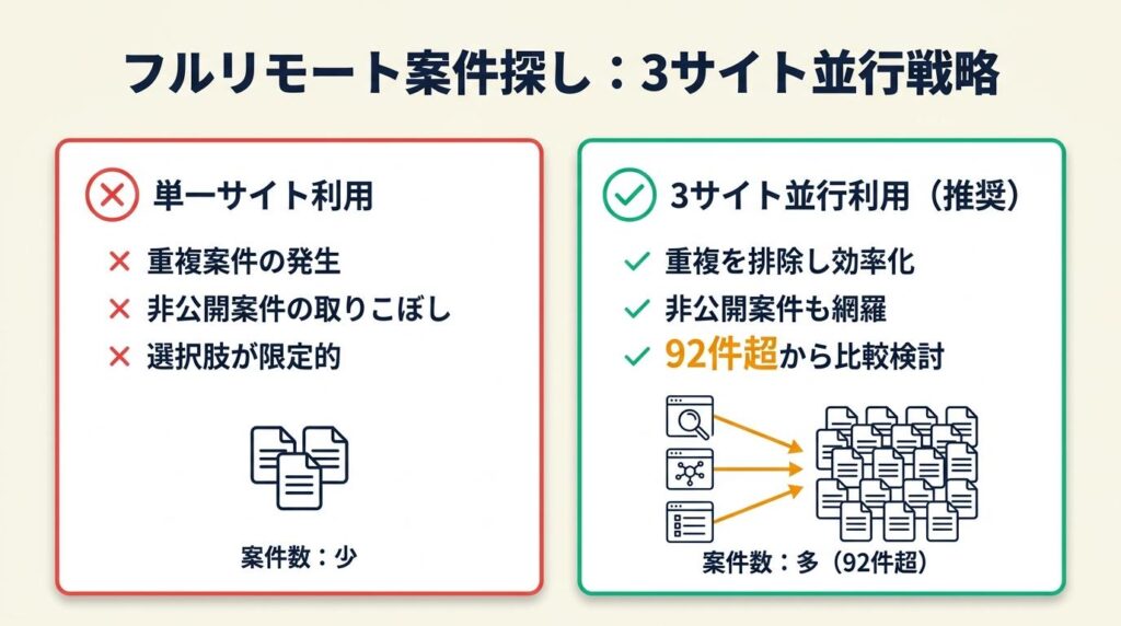 フルリモート案件は3サイト並行で92件超から探す