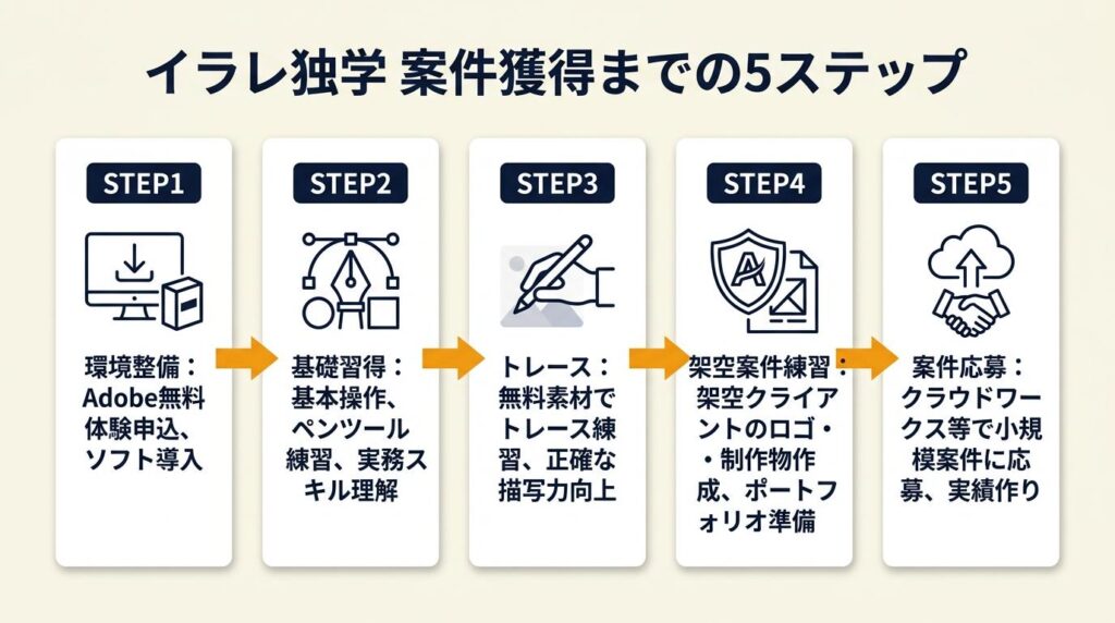 イラレ独学は5ステップで案件獲得まで到達できる