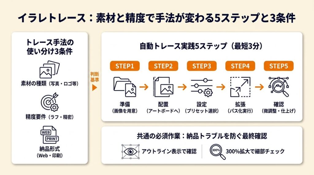 イラレトレースは素材と精度で手法が変わる:5ステップと3条件の実践