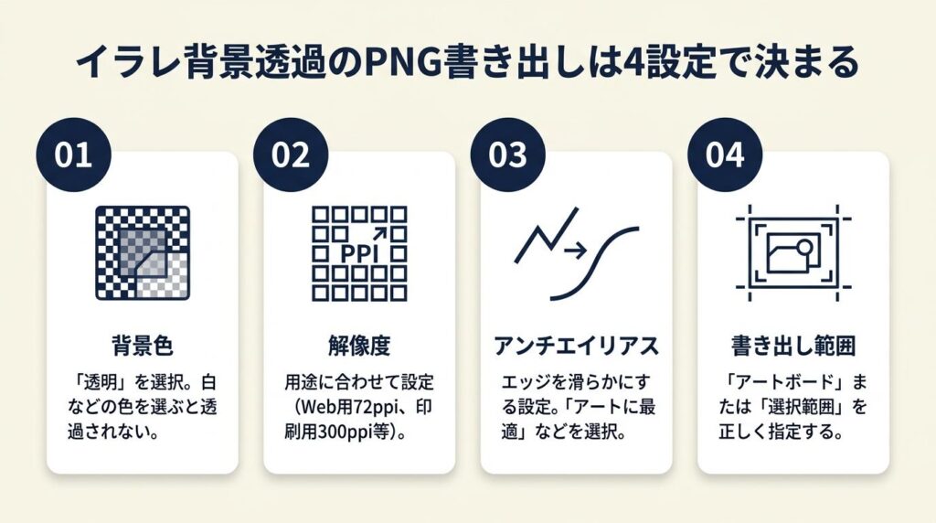 イラレ背景透過のPNG書き出しは4設定で決まる