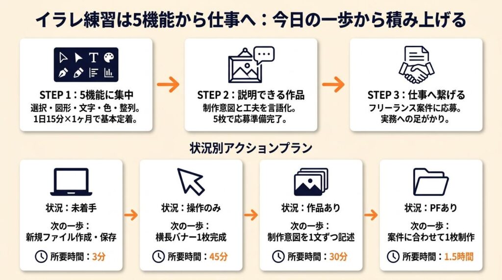 イラレ練習は5機能から仕事へ:今日の一歩から積み上げる