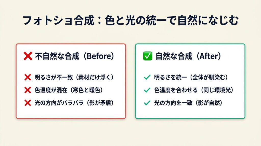 フォトショ合成は色と光の統一で自然になじむ