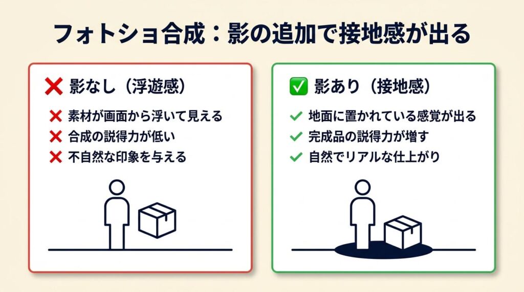フォトショ合成は影の追加で接地感が出る