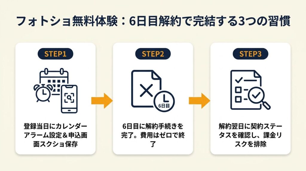 フォトショ無料体験は6日目解約で完結:今日から動く3つの習慣