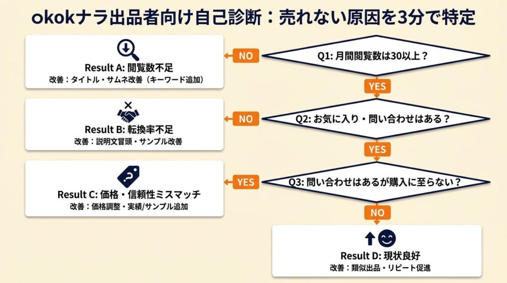 ококナラ出品者向けの自己診断｜売れない原因を3分で特定