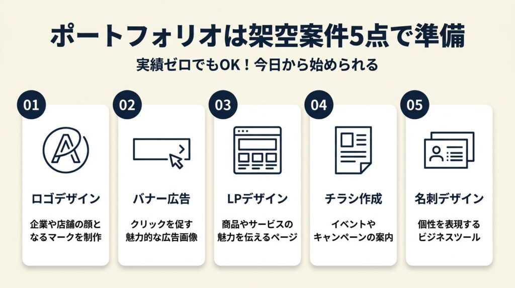 ポートフォリオは架空案件5点で準備