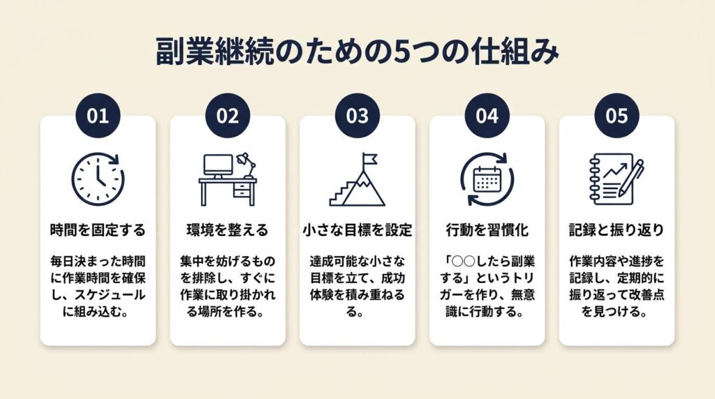 副業初心者は5つの仕組みで継続できる