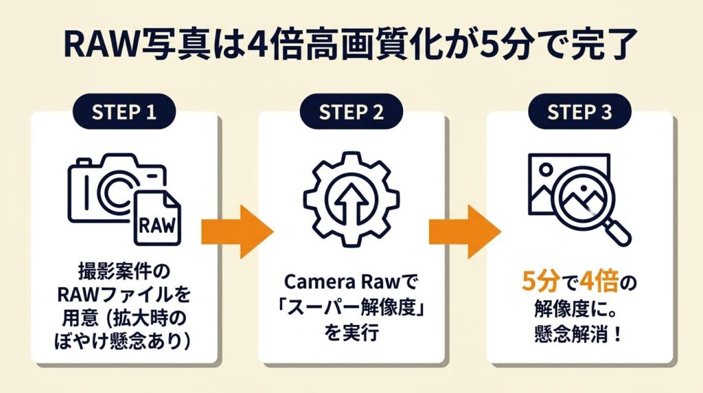 RAW写真は4倍高画質化が5分で完了