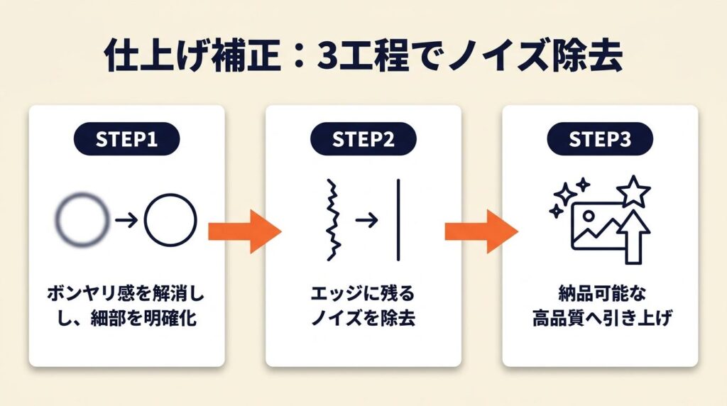 仕上げ補正は3工程でノイズを除去