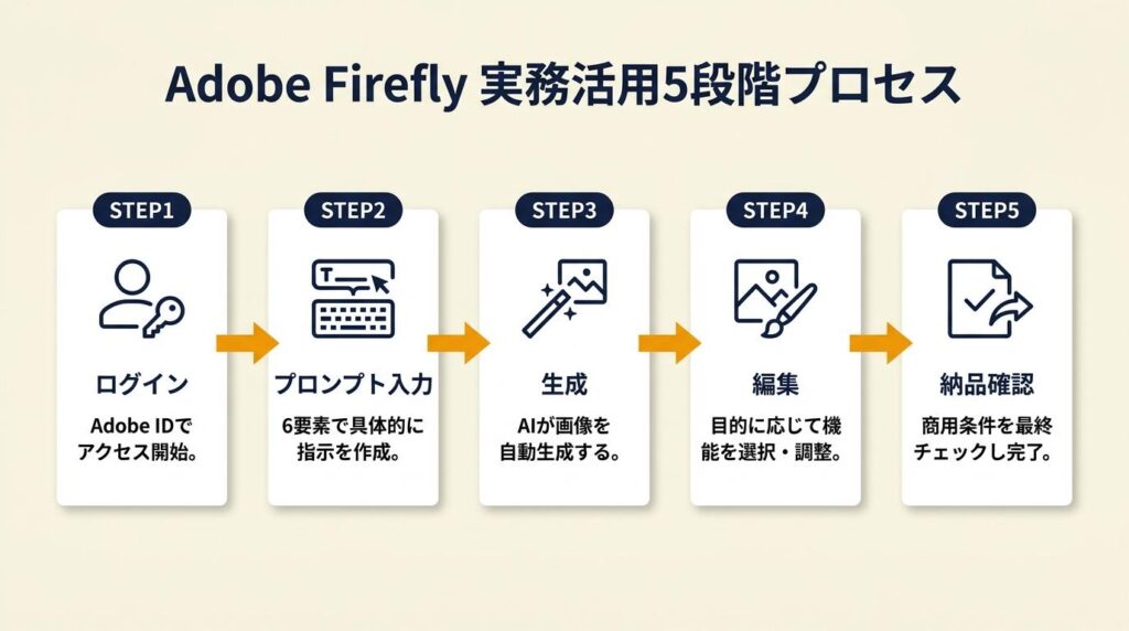 Adobe Fireflyを実務で使いこなす:ログインから納品まで5段階で完結