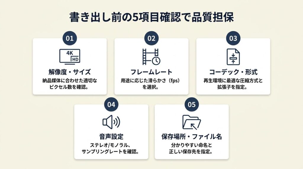 書き出しは5項目の確認で品質を担保