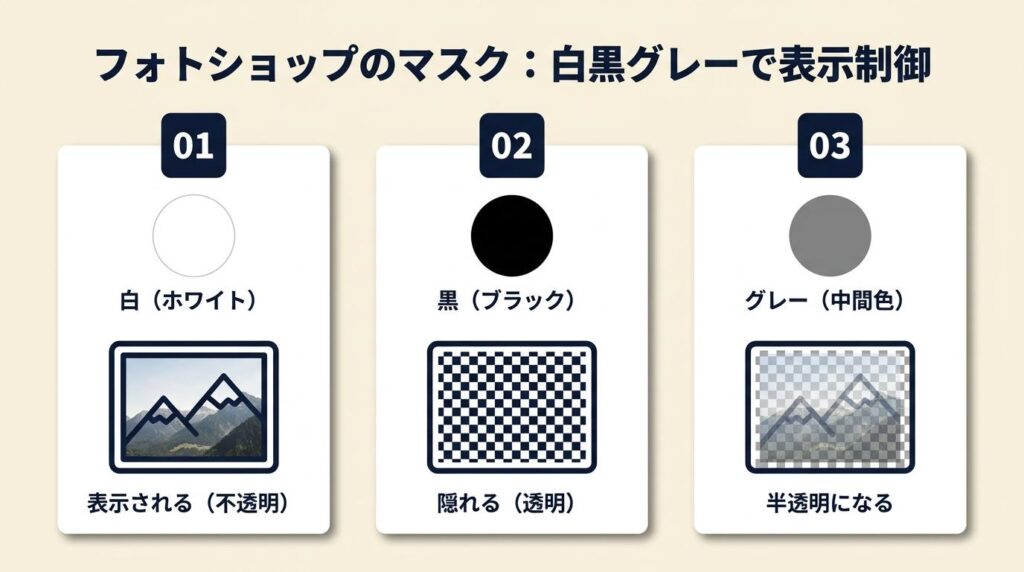 フォトショのマスクは白黒グレーで表示を制御する
