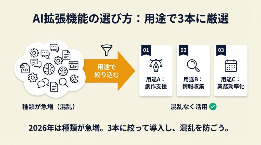 AI拡張は用途で3本を選ぶ