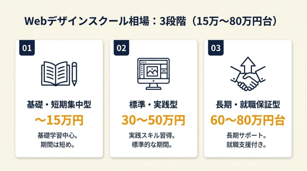 webデザインスクール相場は3段階で15万〜80万円台