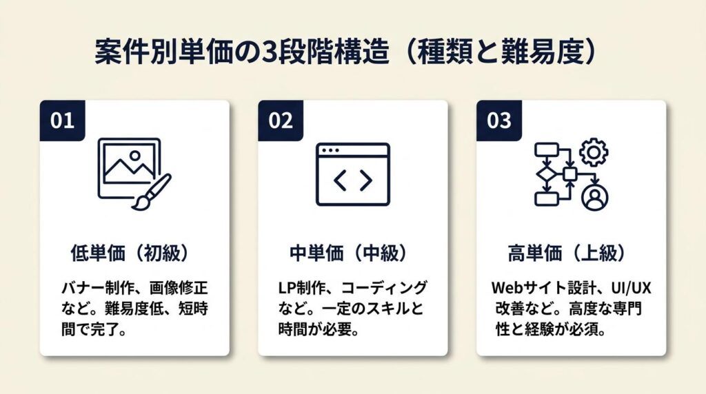 案件別単価は種類と難易度で3段階に分かれる